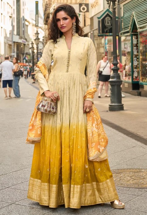 Designer Yellow Ombre Embroidered Indo Western Simar Silk Anarkali Gown